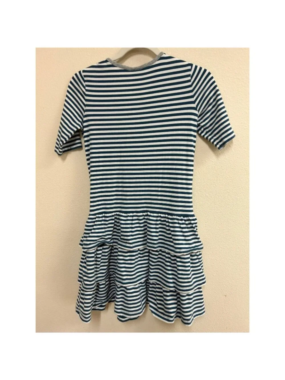 Hanna Andersson Girls Dress Striped Navy Blue Ruffle Hem Pocket Size 12 150cm